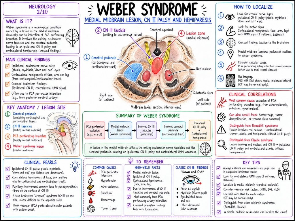 Weber Syndrome: Medial Midbrain Lesion, CN III Palsy & Hemiparesis