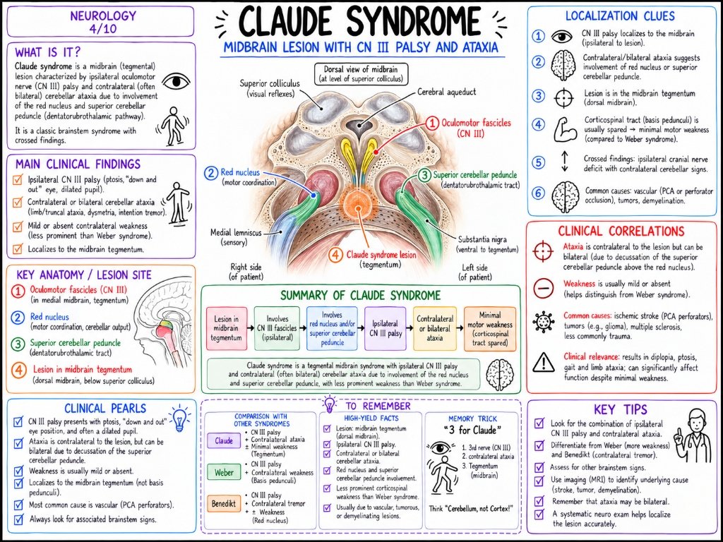 Claude Syndrome: Midbrain Lesion with CN III Palsy & Ataxia